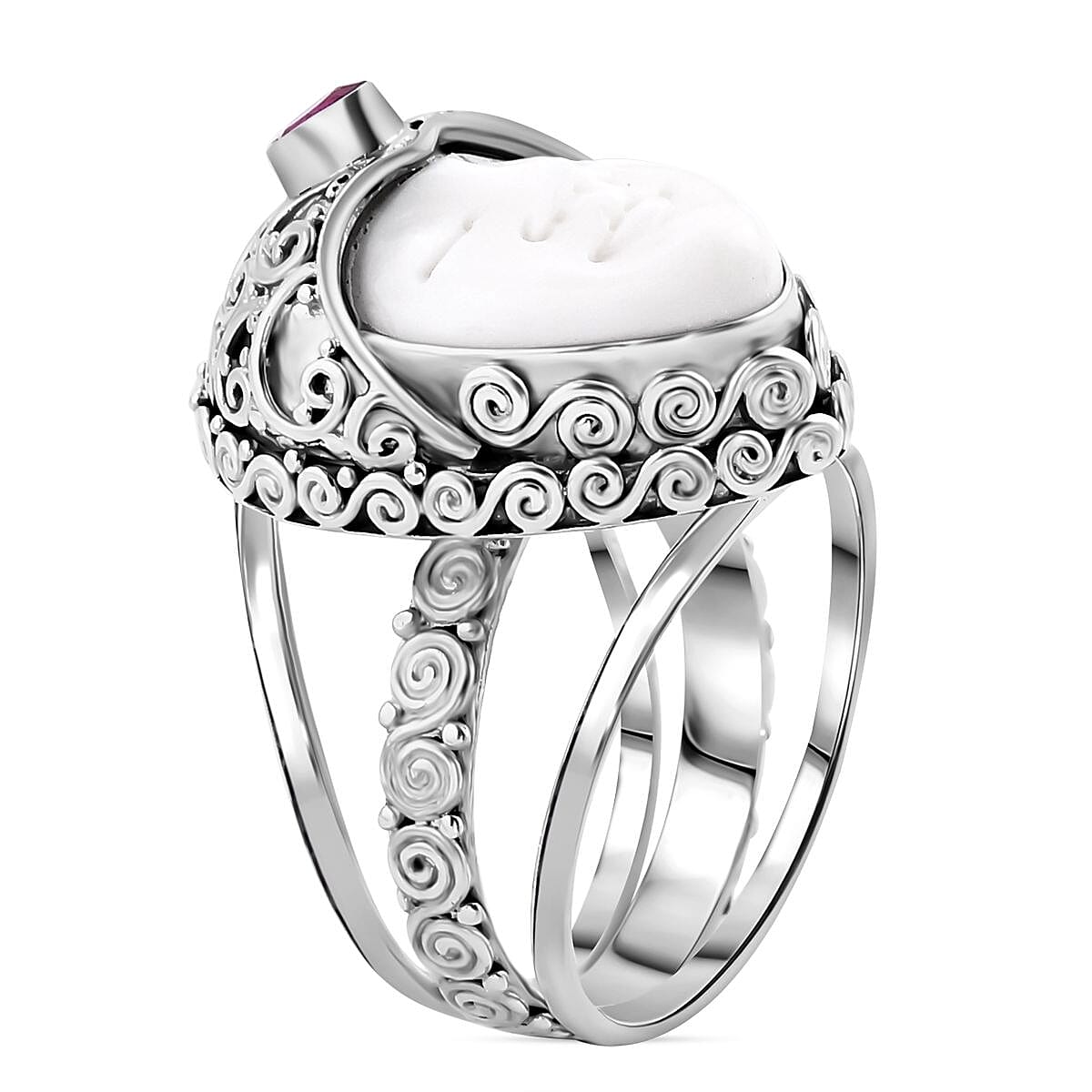 Royal Bali - Princess Collection Ox Bone & Ruby Ring in Sterling Silver, Silver Wt. 13.76 Gms.