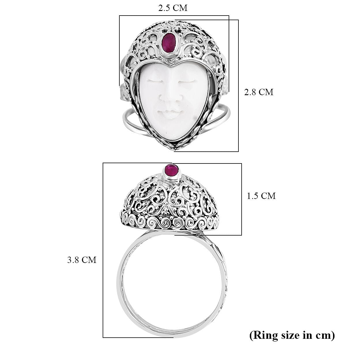 Royal Bali - Princess Collection Ox Bone & Ruby Ring in Sterling Silver, Silver Wt. 13.76 Gms.