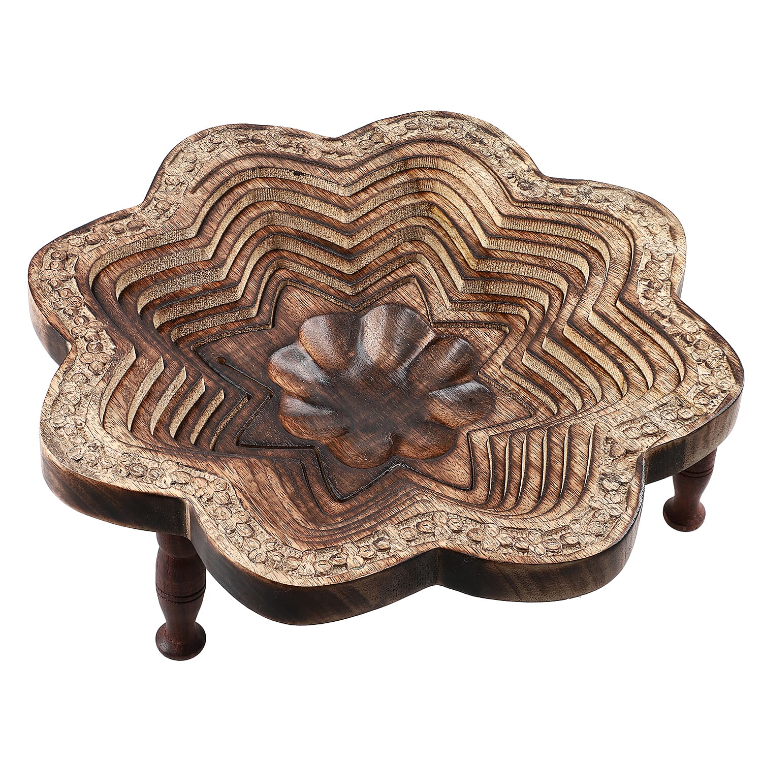 Star Shape Hand carved Wooden Spring Tray with Small Legs  29cm (L) x 29cm (W) x 9.5cm (H)