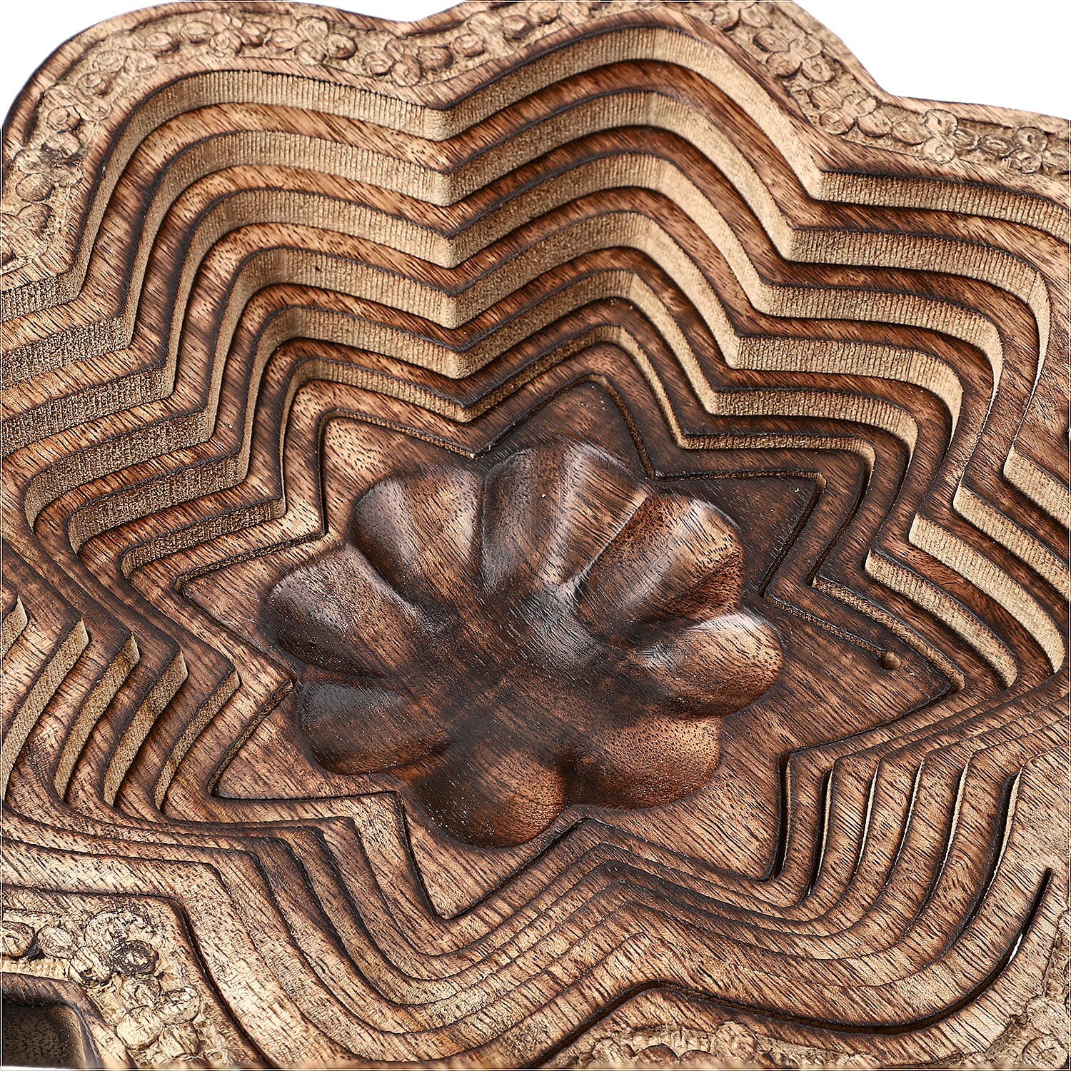 Star Shape Hand carved Wooden Spring Tray with Small Legs  29cm (L) x 29cm (W) x 9.5cm (H)