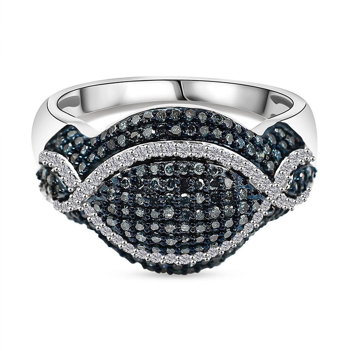 Blue Diamond, White Diamond Infinity Cluster Ring in Platinum Overlay Sterling Silver