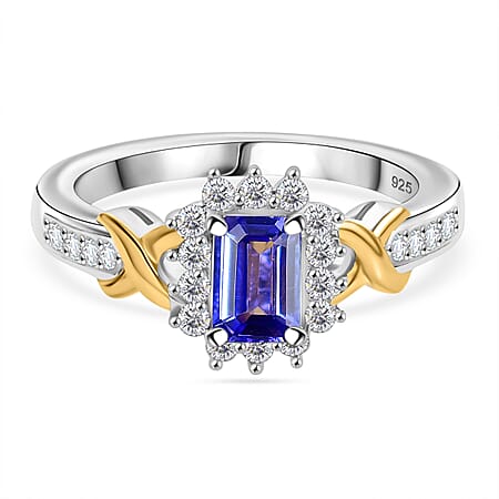 Tanzanite, White Zircon Halo Ring in Rhodium and 18K Vermeil Yellow Gold Plated Sterling Silver