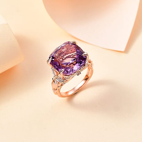 AAA Rose De France Amethyst & White Zircon Ring in 18K Vermeil Rose Gold Plated Sterling Silver 12.10 Ct.