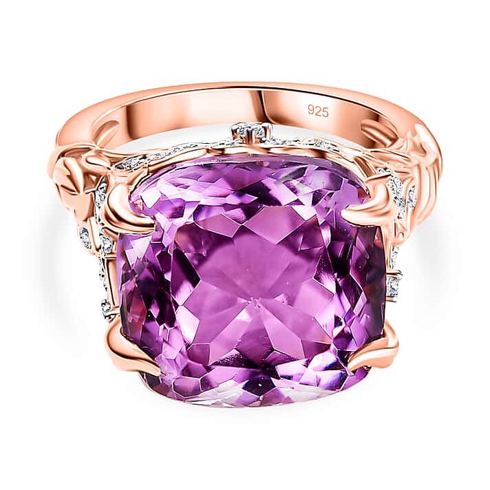 Rose De France Amethyst, White Zircon Garden Ring in 18K Rose Gold Vermeil Plated Sterling Silver 12.10 Ct.