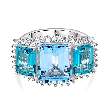 Gem Fiesta - Blue Topaz, White Zircon & Paraiba Topaz Cluster Ring in Rhodium Overlay Sterling Silver 10.30 ct, Silver Wt.5 Gms.