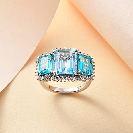 Gem Fiesta - Blue Topaz, White Zircon & Paraiba Topaz Cluster Ring in Rhodium Overlay Sterling Silver 10.30 ct, Silver Wt.5 Gms.