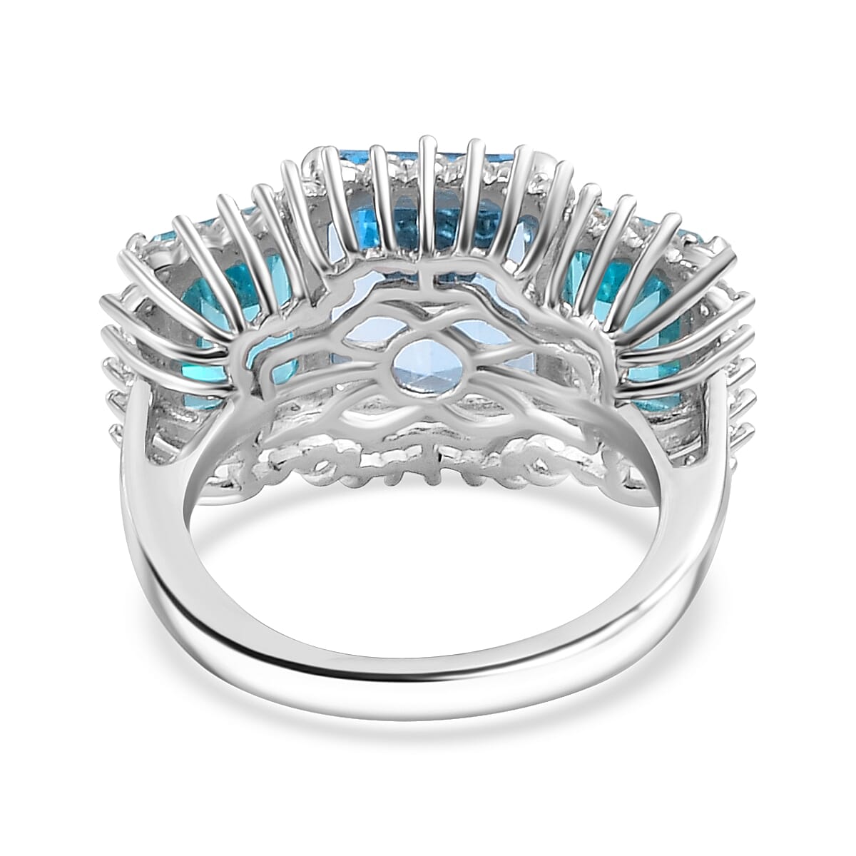 Gem Fiesta - Blue Topaz, White Zircon & Paraiba Topaz Cluster Ring in Rhodium Overlay Sterling Silver 10.16 Ct. Gem Fiesta - Blue Topaz, White Zircon & Paraiba Topaz Cluster Ring in Rhodium Overlay Sterling Silver 10.16 Ct.