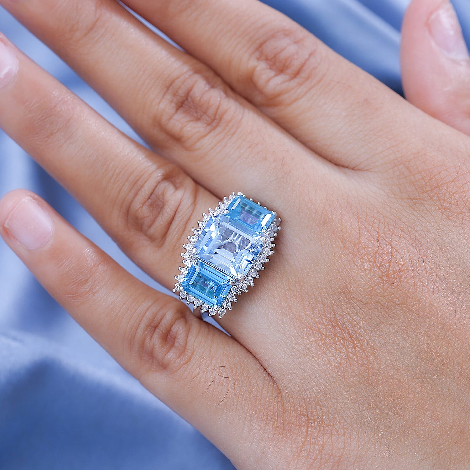 Gem Fiesta - Blue Topaz, White Zircon & Paraiba Topaz Cluster Ring in Rhodium Overlay Sterling Silver 10.16 Ct. Gem Fiesta - Blue Topaz, White Zircon & Paraiba Topaz Cluster Ring in Rhodium Overlay Sterling Silver 10.16 Ct.