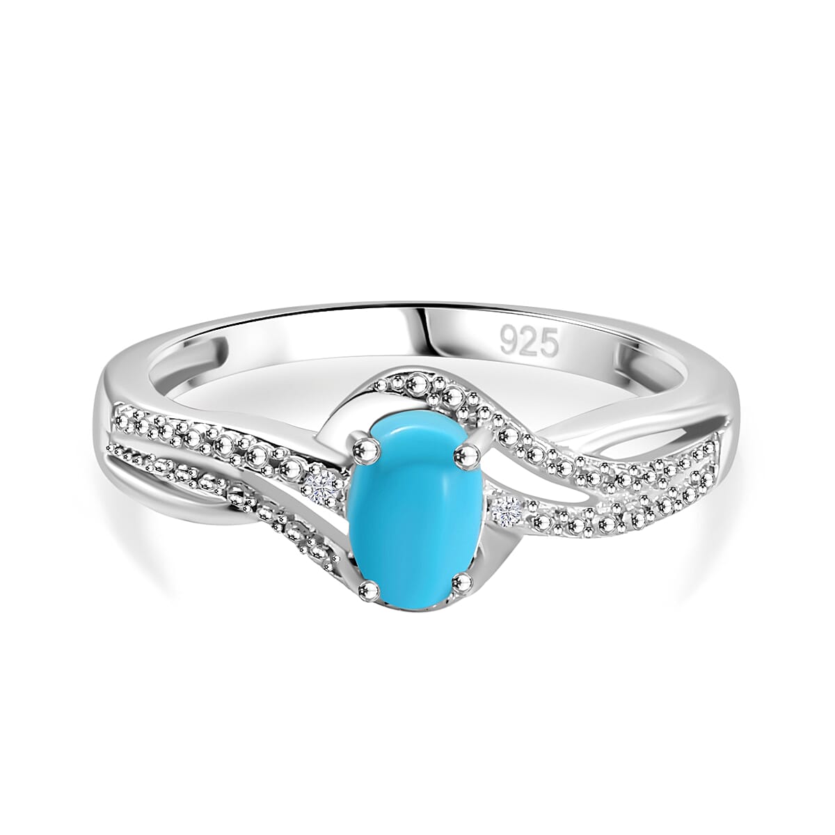 Sleeping Beauty Turquoise & White Zircon Bypass Ring in Platinum Overlay Sterling Silver