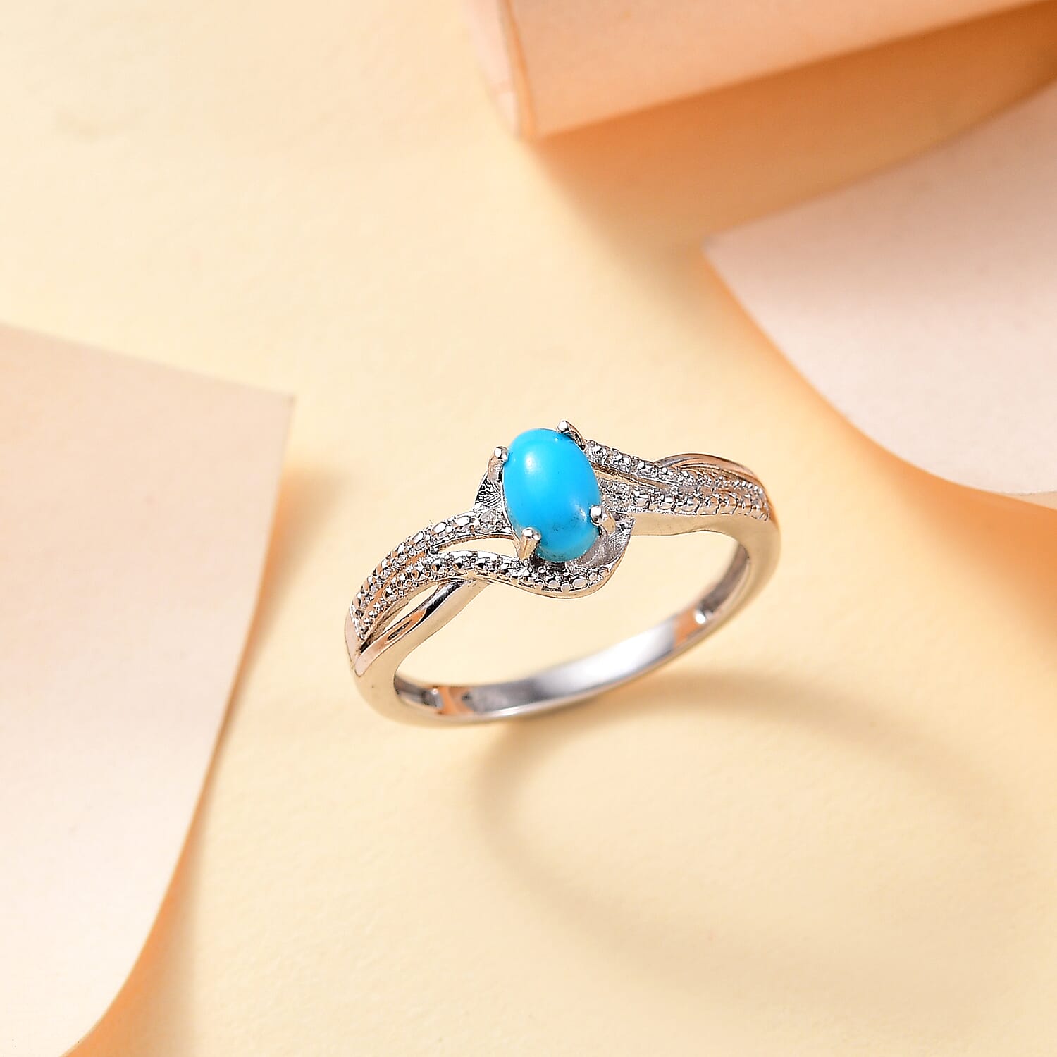 Sleeping Beauty Turquoise & White Zircon Bypass Ring in Platinum Overlay Sterling Silver