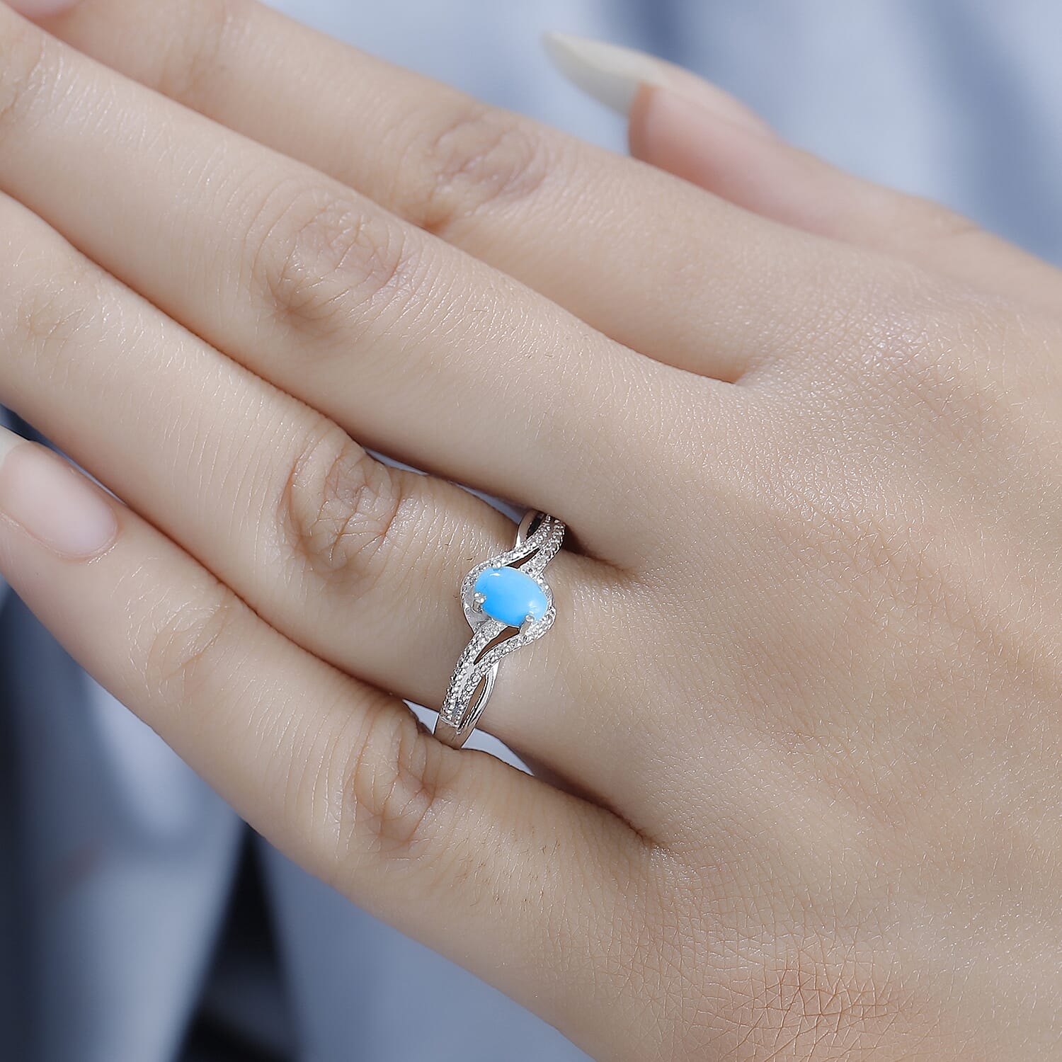 Sleeping Beauty Turquoise & White Zircon Bypass Ring in Platinum Overlay Sterling Silver