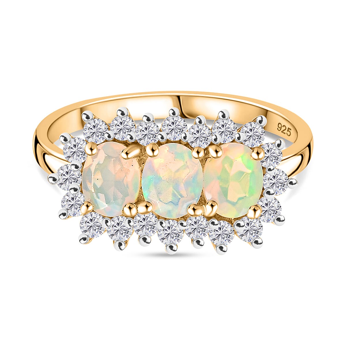 Ethiopian Opal, White Zircon Main Stone Ring in 18K Vermeil Yellow Gold Plated 1.263 Ct.