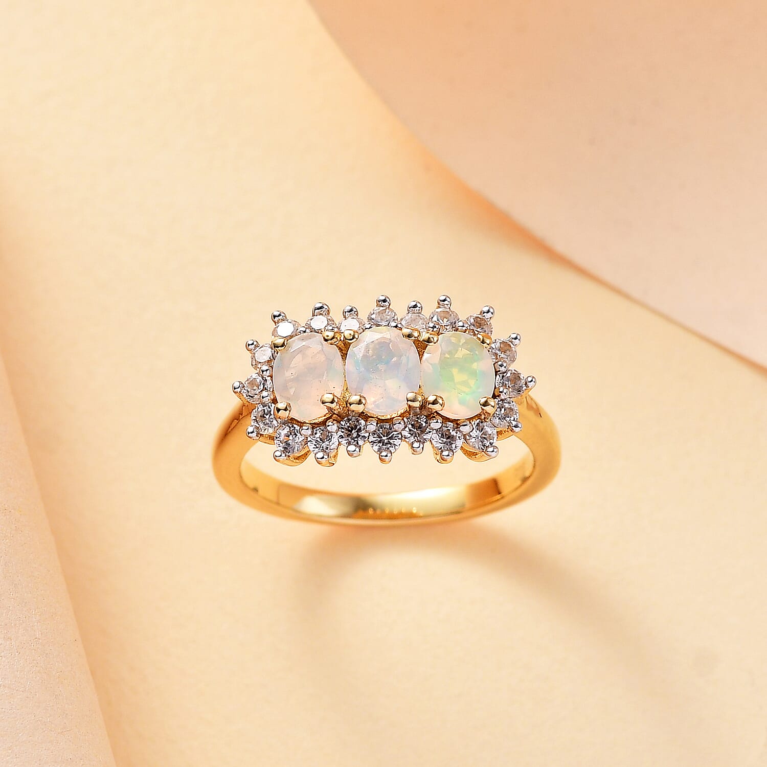Ethiopian Opal, White Zircon Main Stone Ring in 18K Vermeil Yellow Gold Plated 1.263 Ct.