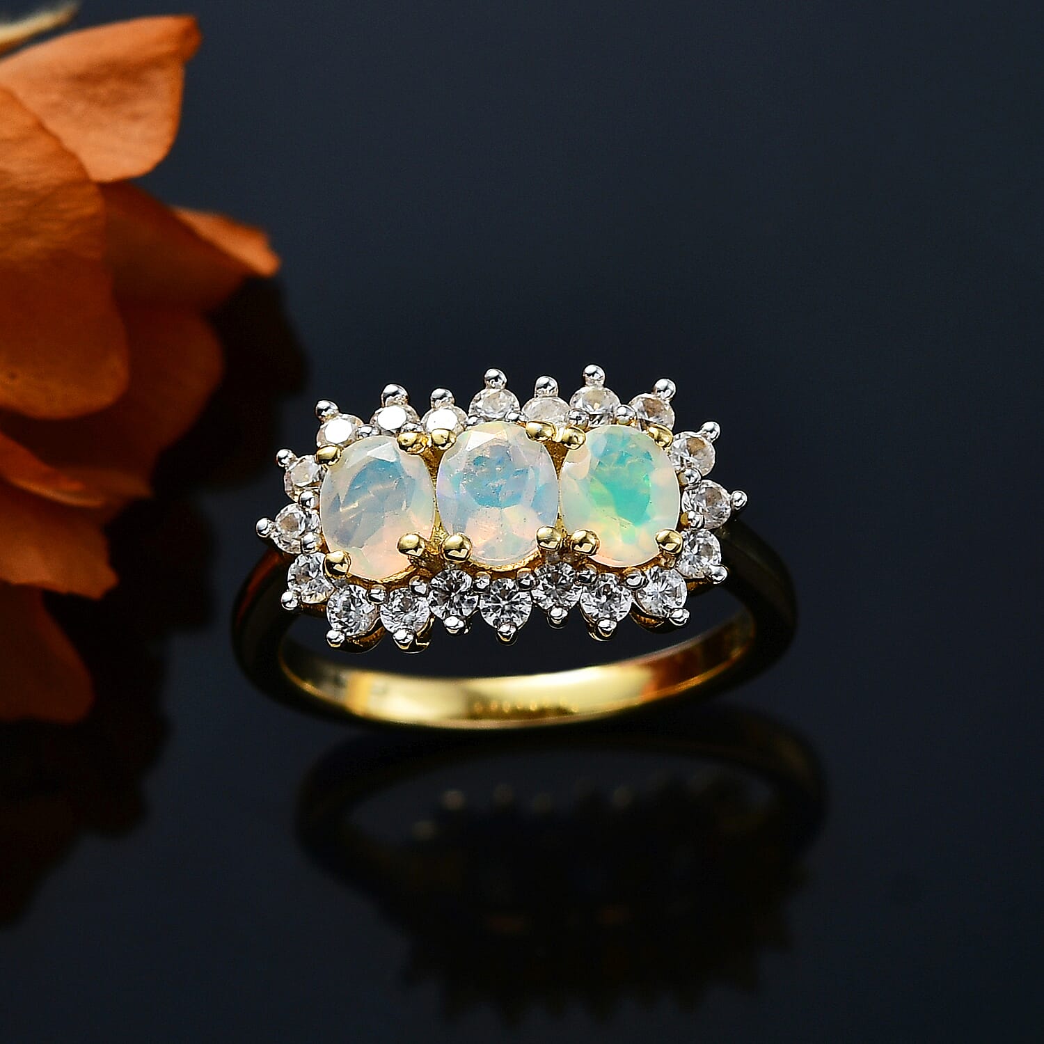 Ethiopian Opal, White Zircon Main Stone Ring in 18K Vermeil Yellow Gold Plated 1.263 Ct.