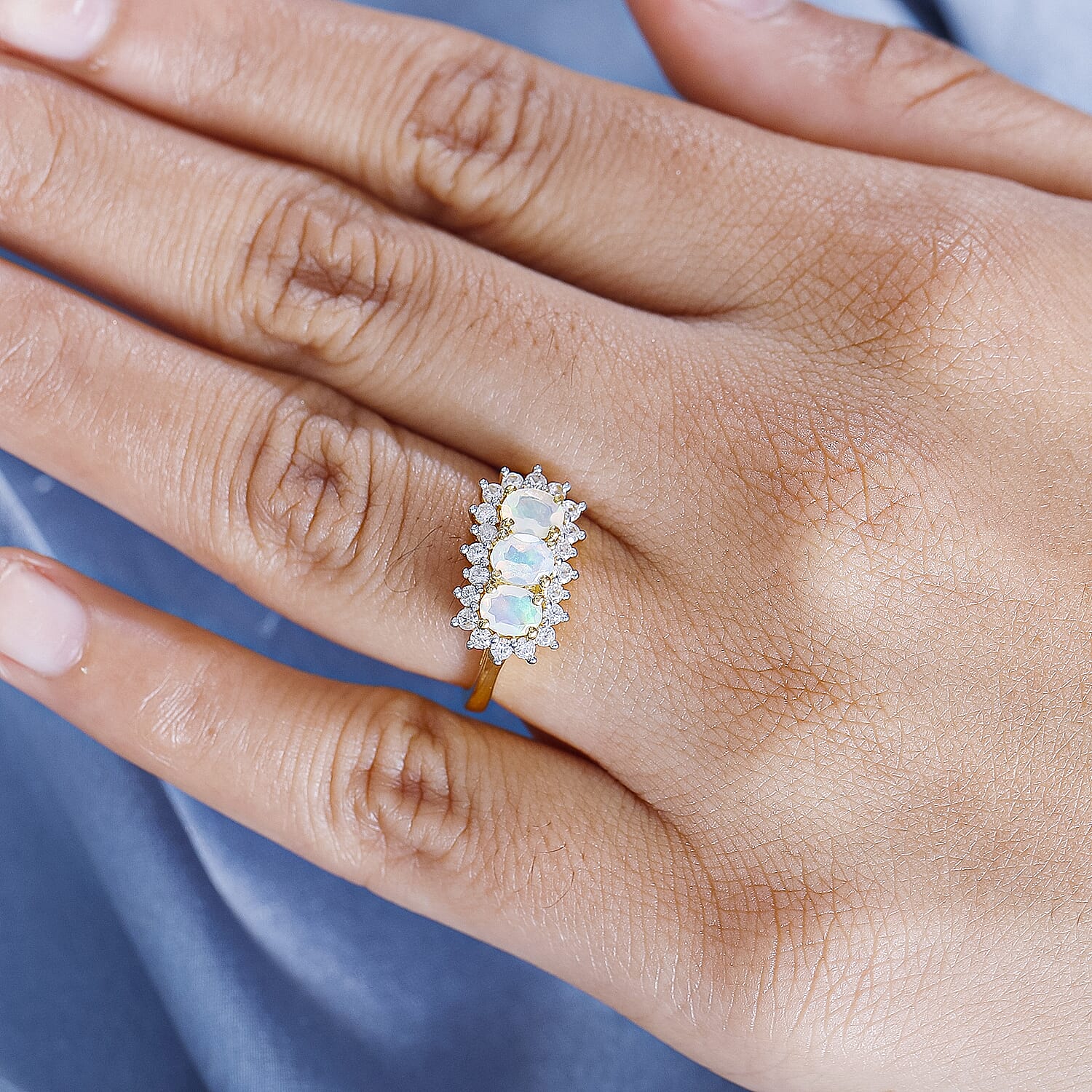 Ethiopian Opal, White Zircon Main Stone Ring in 18K Vermeil Yellow Gold Plated 1.263 Ct.