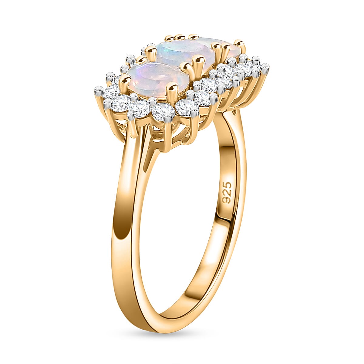 Ethiopian Opal, White Zircon Main Stone Ring in 18K Vermeil Yellow Gold Plated 1.263 Ct.