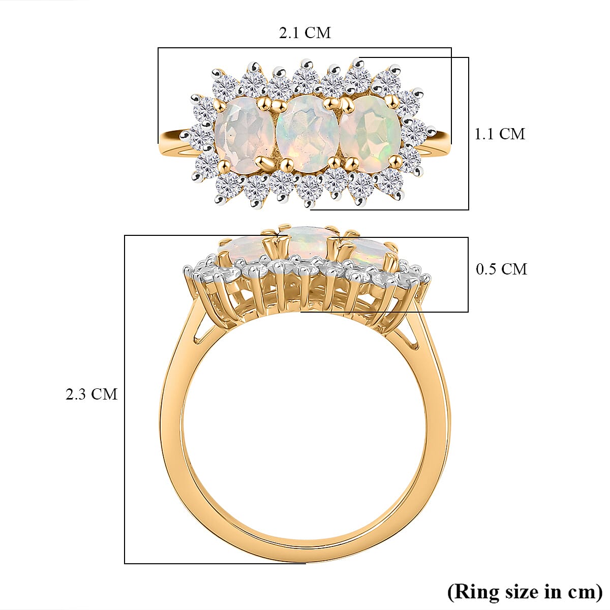 Ethiopian Opal, White Zircon Main Stone Ring in 18K Vermeil Yellow Gold Plated 1.263 Ct.