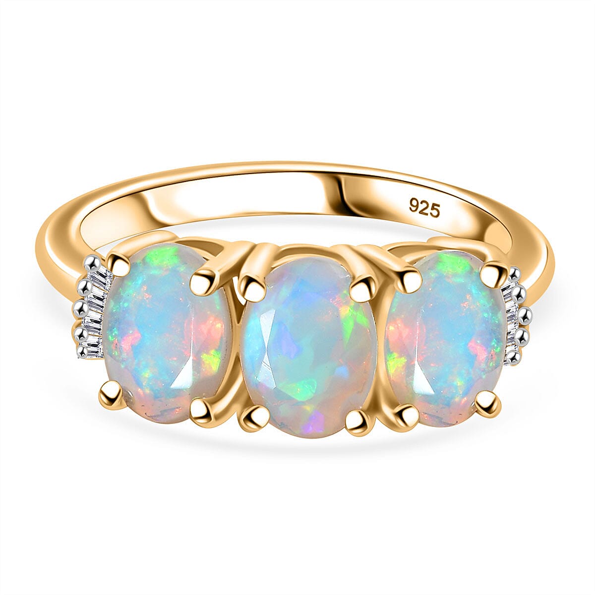 Ethiopian Opal & White Diamond Ring in 18K Vermeil Yellow Gold Plated 1.58 Ct.