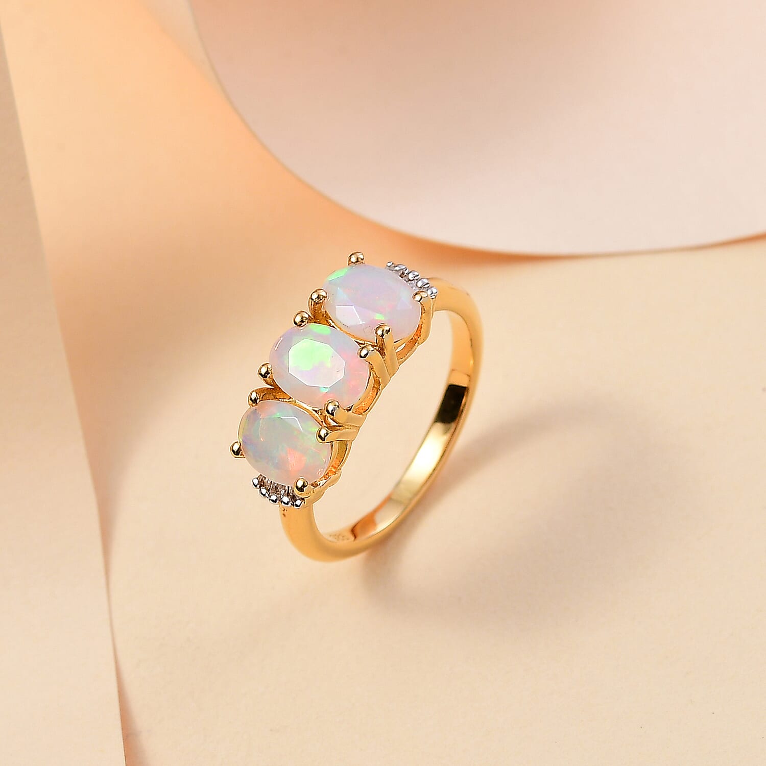 Ethiopian Opal & White Diamond Ring in 18K Vermeil Yellow Gold Plated 1.58 Ct.