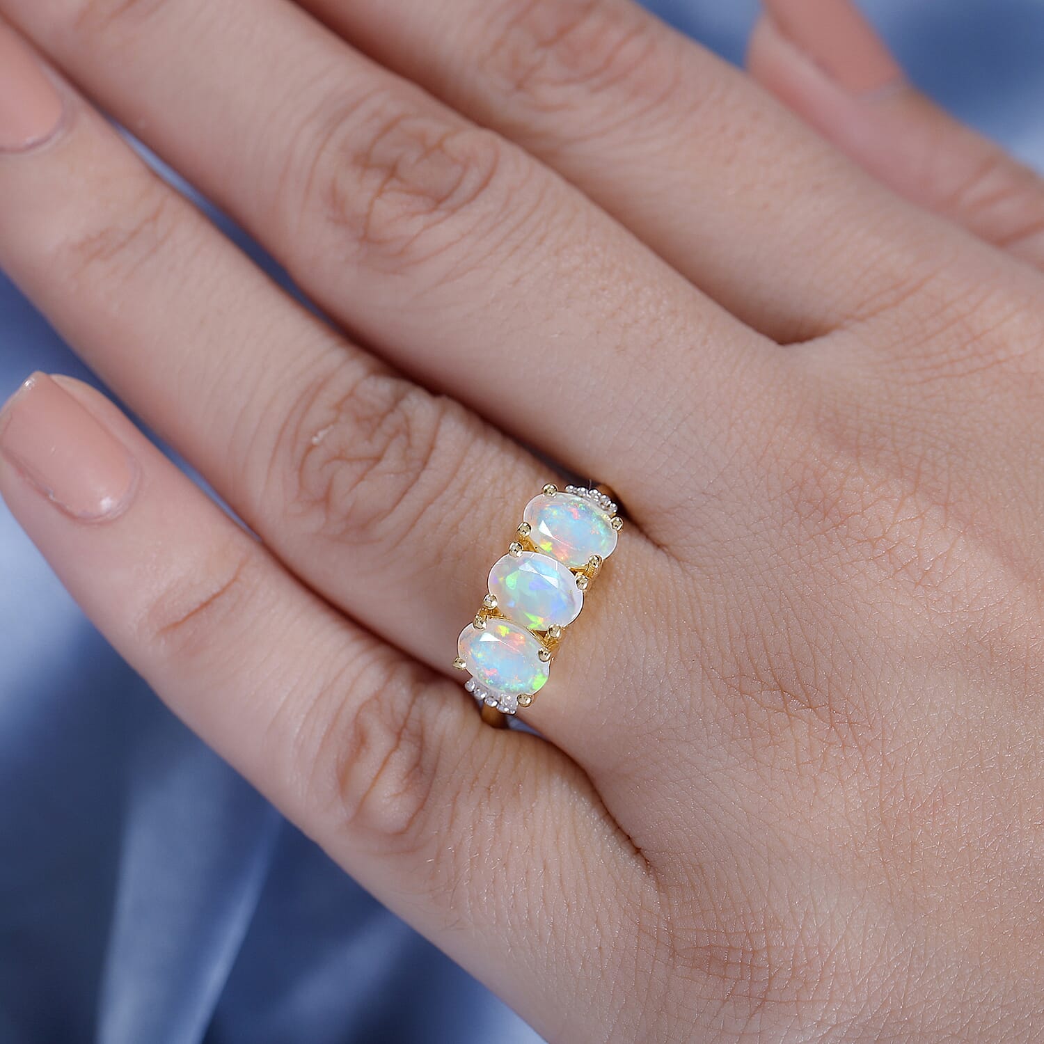 Ethiopian Opal & White Diamond Ring in 18K Vermeil Yellow Gold Plated 1.58 Ct.