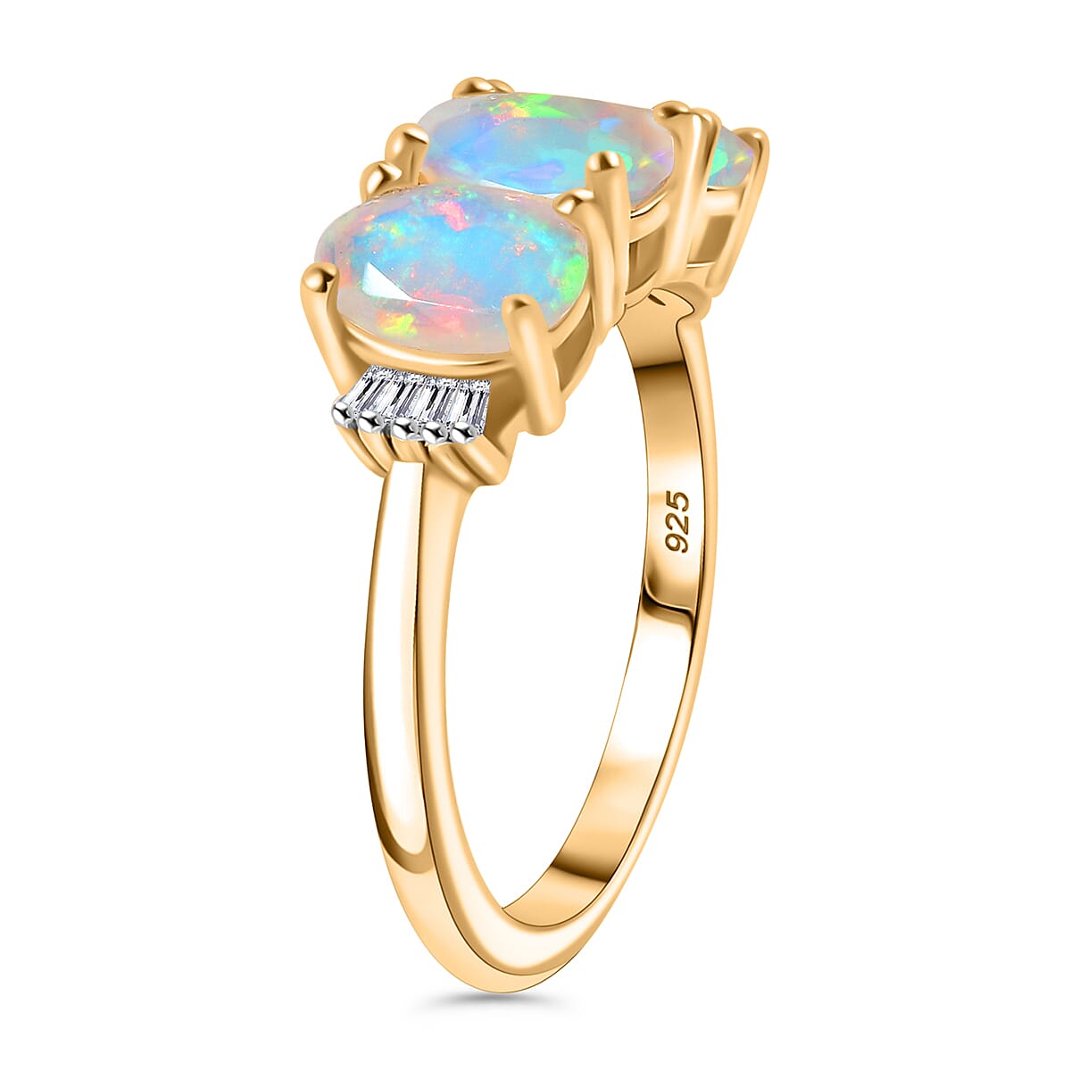 Ethiopian Opal & White Diamond Ring in 18K Vermeil Yellow Gold Plated 1.58 Ct.