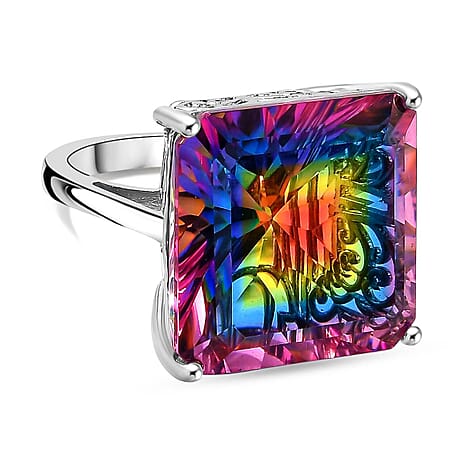 Nebula Quartz & Lab Grown Diamond Solitaire Ring in Rhodium Overlay Sterling Silver 26.66 Ct, Silver Wt. 6.85 Gms.