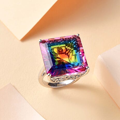 Nebula Quartz & Lab Grown Diamond Solitaire Ring in Rhodium Overlay Sterling Silver 26.66 Ct, Silver Wt. 6.85 Gms.