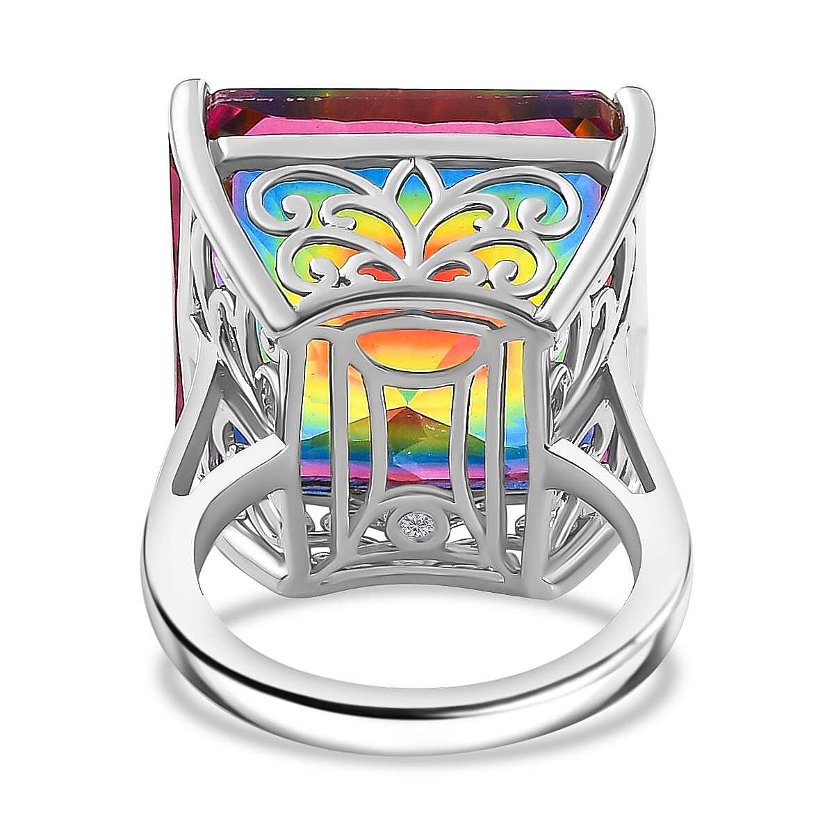 Nebula Quartz & Lab Grown Diamond Solitaire Ring in Rhodium Overlay Sterling Silver 26.66 Ct, Silver Wt. 6.85 Gms.