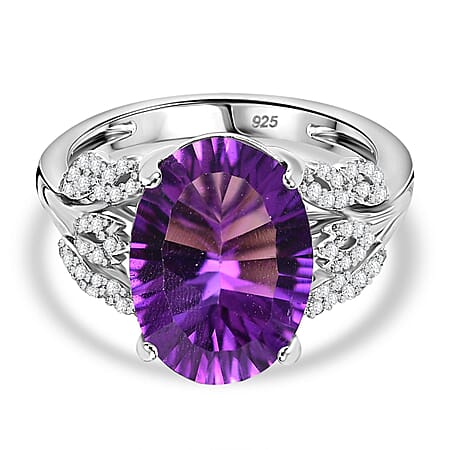 African Amethyst, White Zircon Ring in Rhodium Overlay Sterling Silver