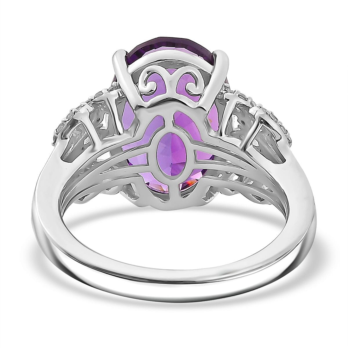 Concave Cut Zambian Amethyst & White Zircon Solitaire Ring in Rhodium Overlay Sterling Silver 5.81 Ct. Concave Cut Zambian Amethyst & White Zircon Solitaire Ring in Rhodium Overlay Sterling Silver 5.81 Ct.