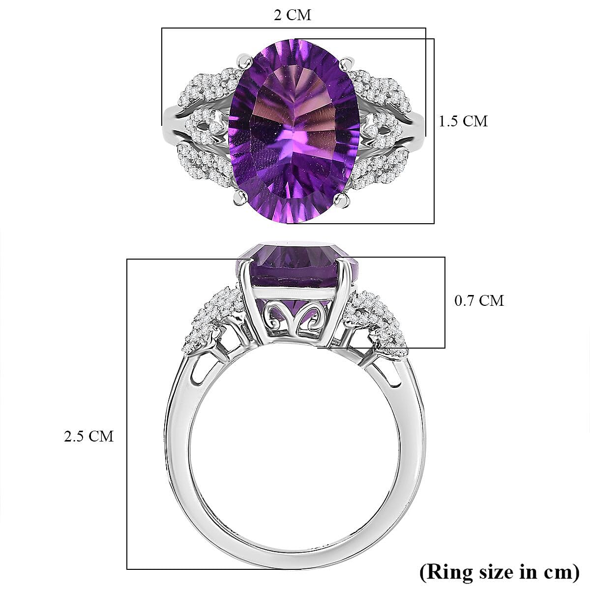 Concave Cut Zambian Amethyst & White Zircon Solitaire Ring in Rhodium Overlay Sterling Silver 5.81 Ct. Concave Cut Zambian Amethyst & White Zircon Solitaire Ring in Rhodium Overlay Sterling Silver 5.81 Ct.