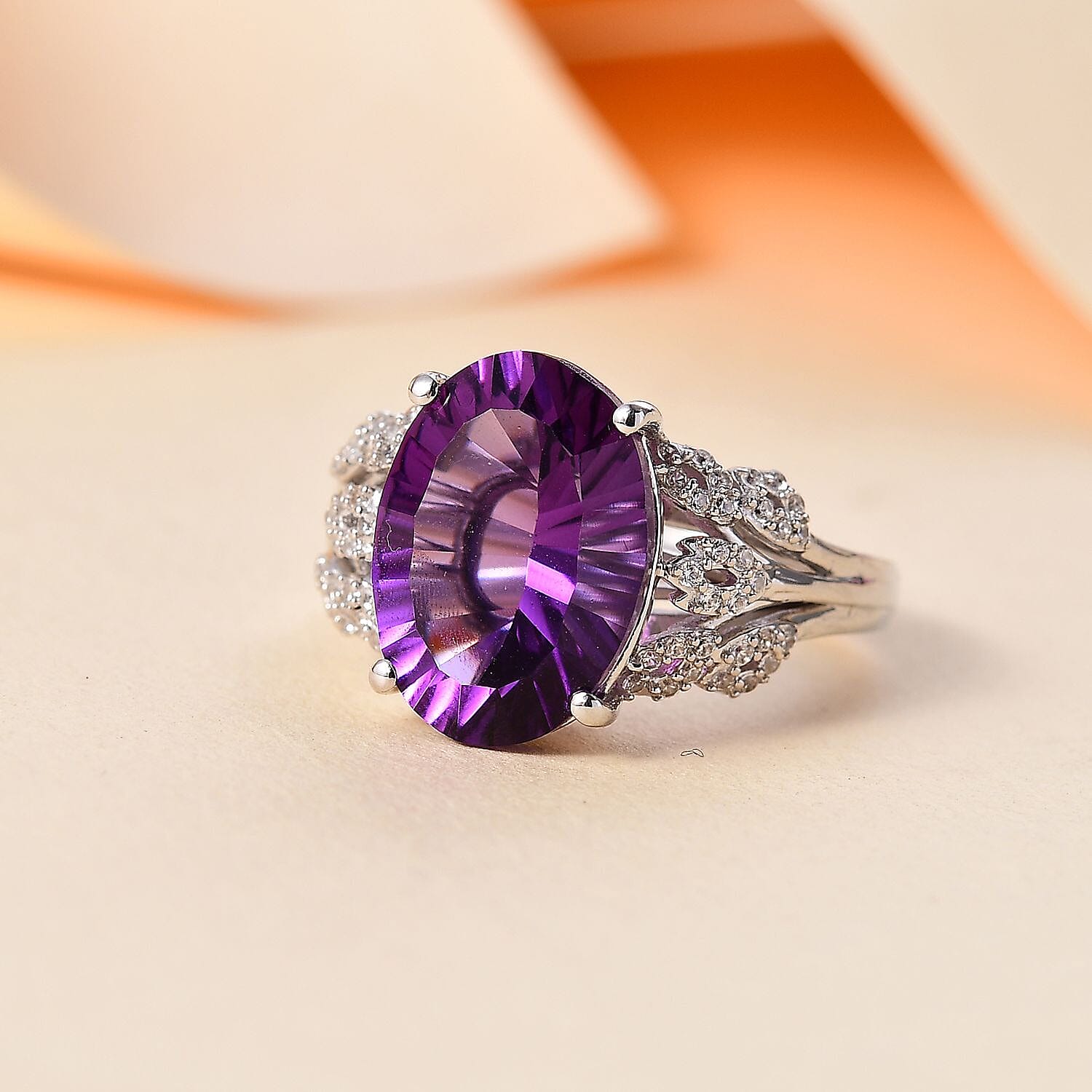 Concave Cut Zambian Amethyst & White Zircon Solitaire Ring in Rhodium Overlay Sterling Silver 5.81 Ct. Concave Cut Zambian Amethyst & White Zircon Solitaire Ring in Rhodium Overlay Sterling Silver 5.81 Ct.
