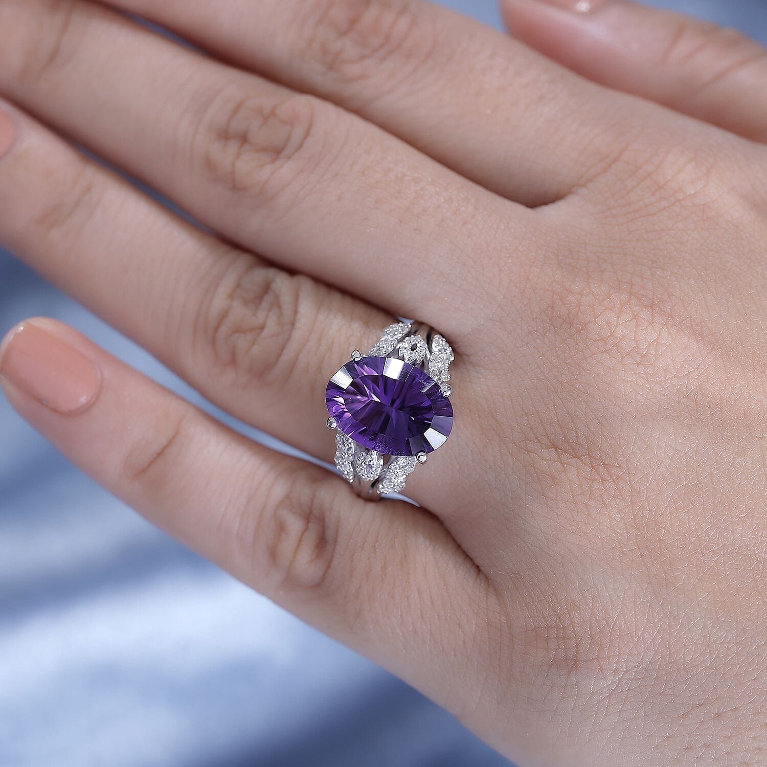Concave Cut Zambian Amethyst & White Zircon Solitaire Ring in Rhodium Overlay Sterling Silver 5.81 Ct. Concave Cut Zambian Amethyst & White Zircon Solitaire Ring in Rhodium Overlay Sterling Silver 5.81 Ct.