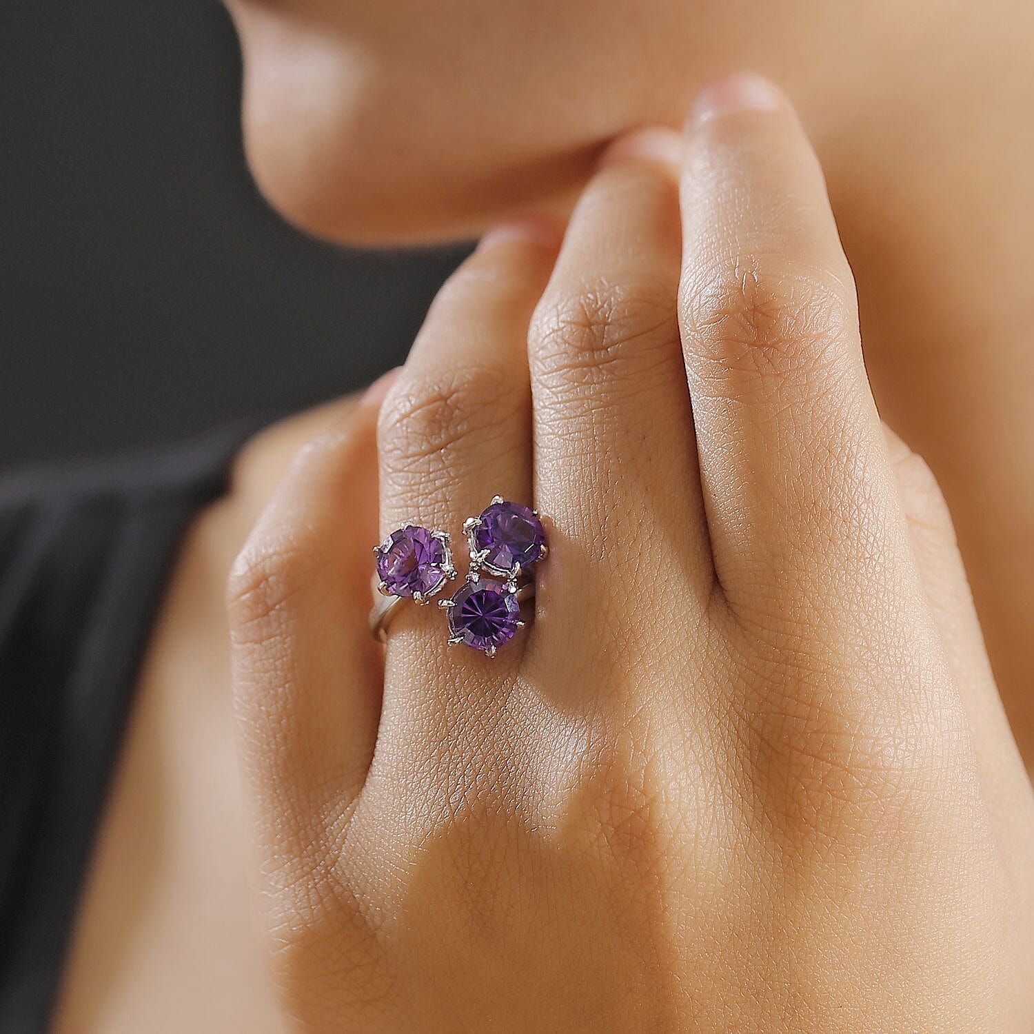 Concave Cut Zambian Amethyst & White Zircon Ring in Rhodium Overlay Sterling Silver 3.66 Ct