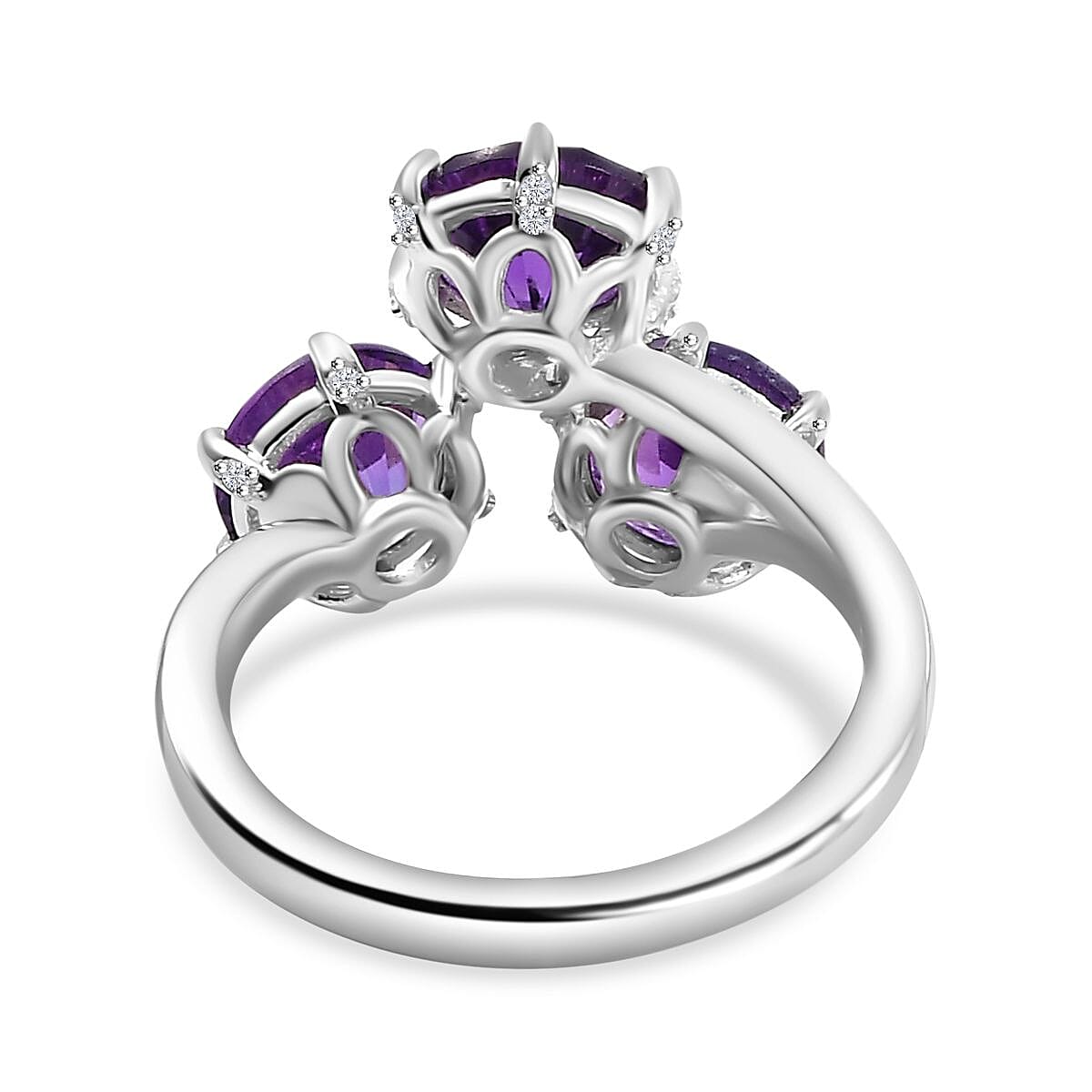 Concave Cut Zambian Amethyst & White Zircon Ring in Rhodium Overlay Sterling Silver 3.66 Ct