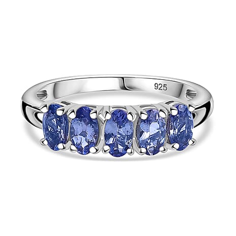 Premium Tanzanite 5 Stone Ring in Rhodium Overlay Sterling Silver 1.25 ct