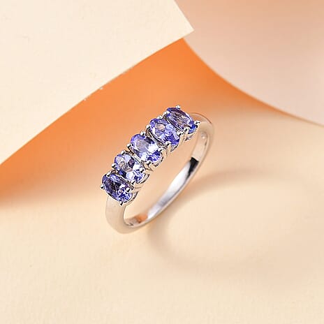Premium Tanzanite 5 Stone Ring in Rhodium Overlay Sterling Silver 1.25 ct