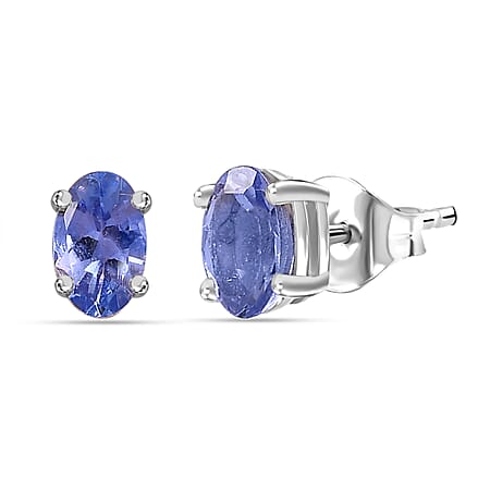 Tanzanite Solitaire Stud Push Post Earrings in Rhodium Overlay Sterling Silver