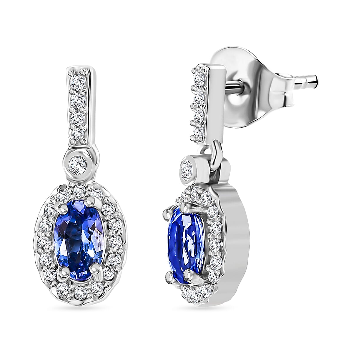 Premium Tanzanite & White Zircon Dangling Earring in Rhodium Overlay Sterling Silver