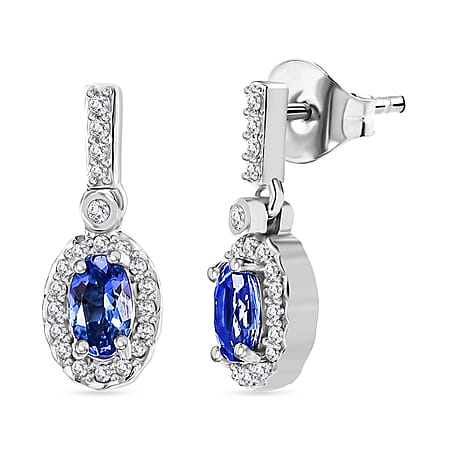 Tanzanite , White Zircon Dangling Halo Earrings in Rhodium Overlay Sterling Silver