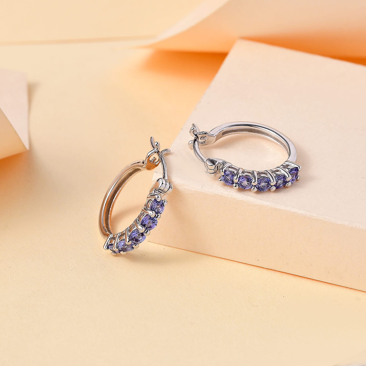 Tanzanite Half Hoop Earring With Clasp in Rhodium Overlay Sterling Silver 1.22 ct