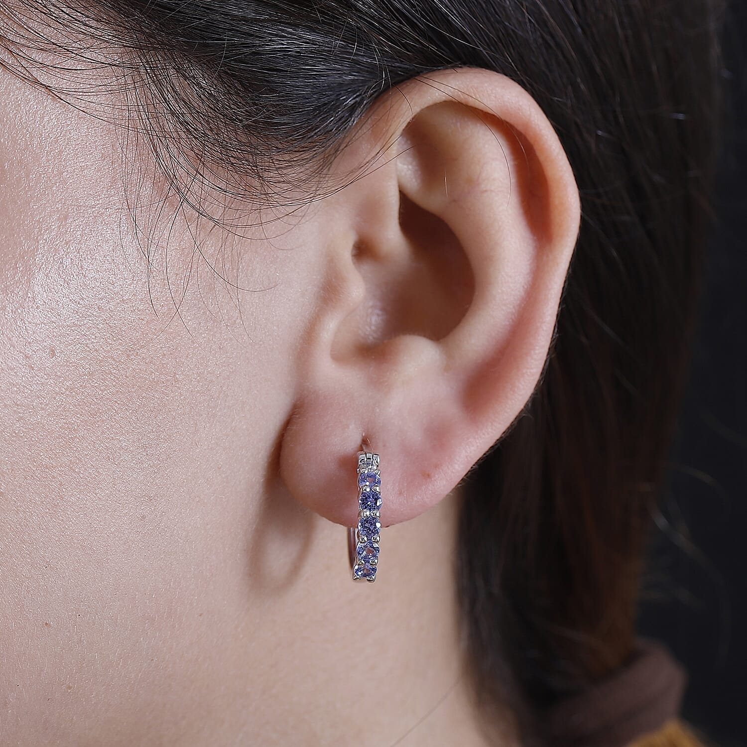 Tanzanite Half Hoop Earring With Clasp in Rhodium Overlay Sterling Silver 1.22 ct