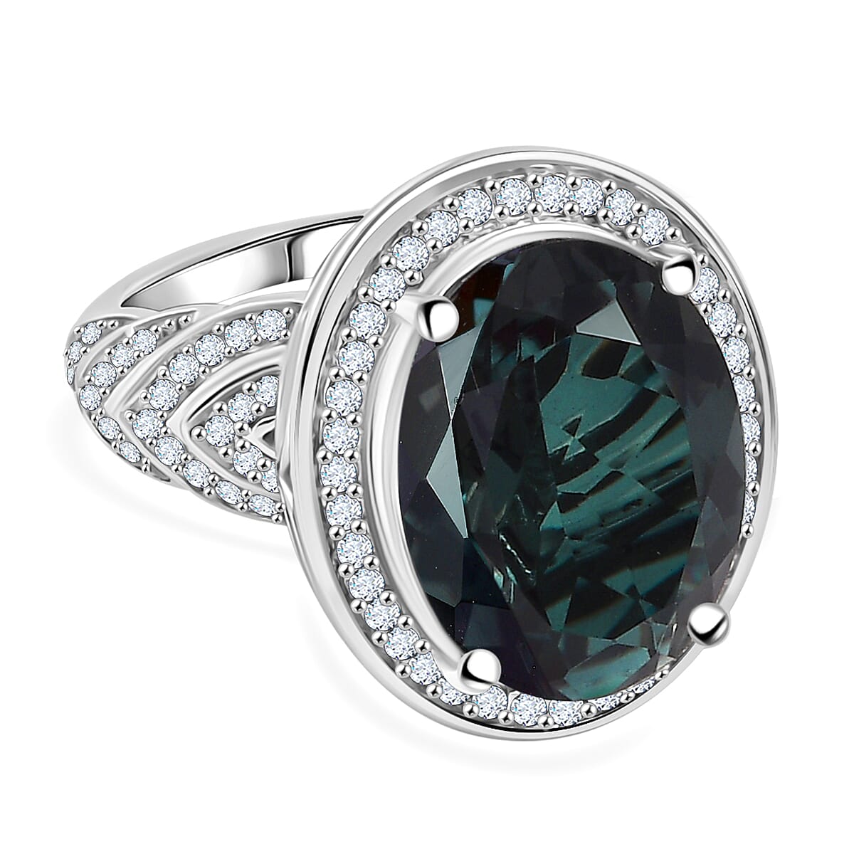 Alexandrite Triplet Quartz & White Zircon Ring in Rhodium Overlay Sterling Silver 11.07 Ct, Silver Wt. 7.22 Gms.