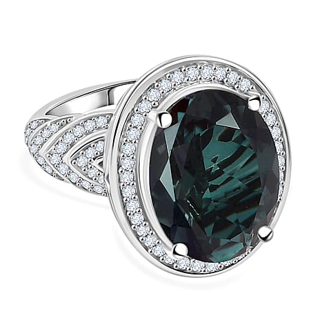 Alexandrite Triplet Quartz & White Zircon Ring in Rhodium Overlay Sterling Silver 11.07 Ct, Silver Wt. 7.22 Gms.