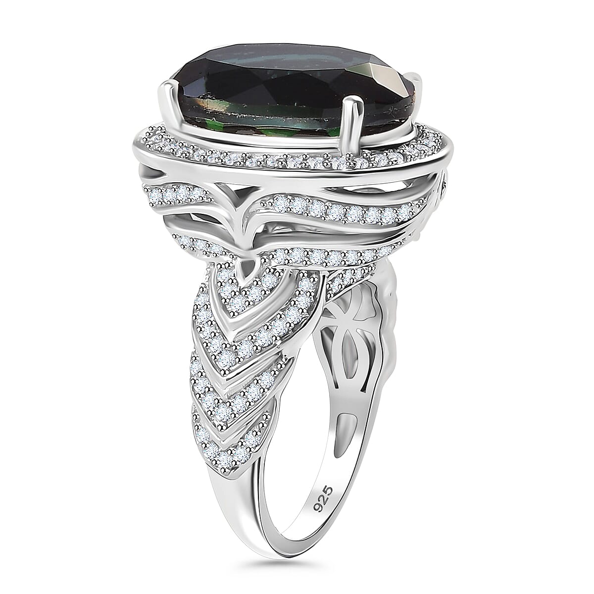 Alexandrite Triplet Quartz & White Zircon Ring in Rhodium Overlay Sterling Silver 11.07 Ct, Silver Wt. 7.22 Gms.