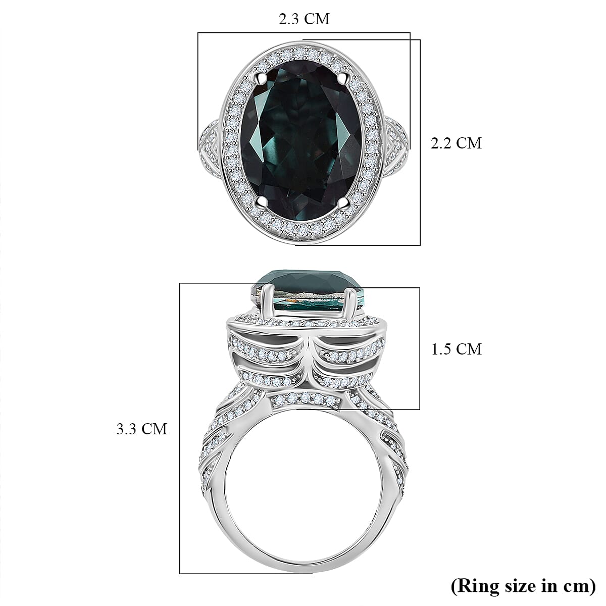 Alexandrite Triplet Quartz & White Zircon Ring in Rhodium Overlay Sterling Silver 11.07 Ct, Silver Wt. 7.22 Gms.