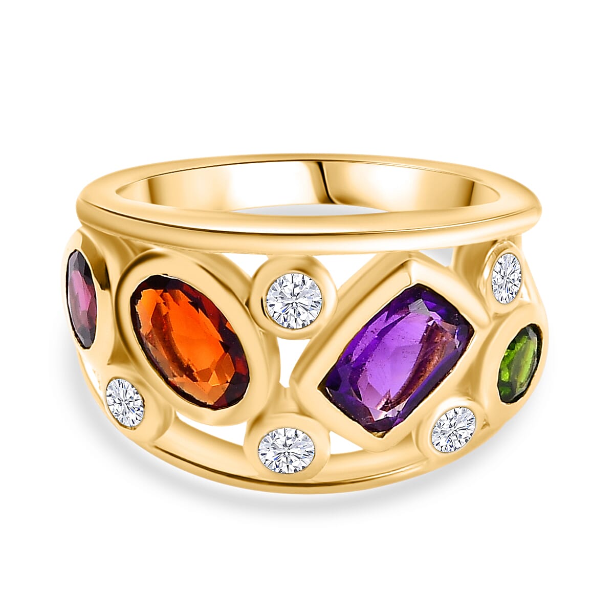 African Amethyst, Multi Gemstones Cluster Ring in 18K Yellow Gold Vermeil Plated Sterling Silver