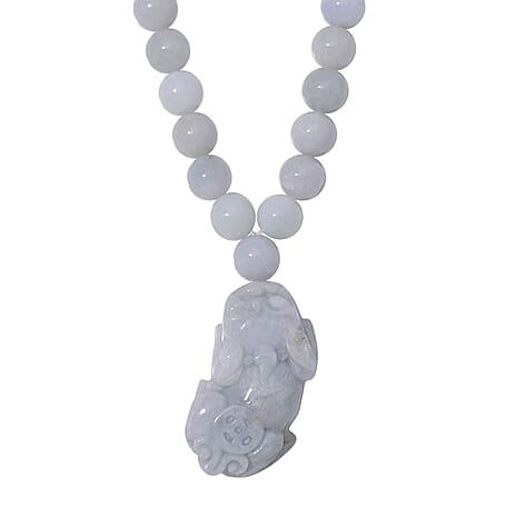 Biggest Jade Offer - Natural Type A  Jadeite Necklace With Pixiu Carving & Magnetic Clasp (Size  22) in Rhodium Overlay Sterling Silver 600.0 Ct.