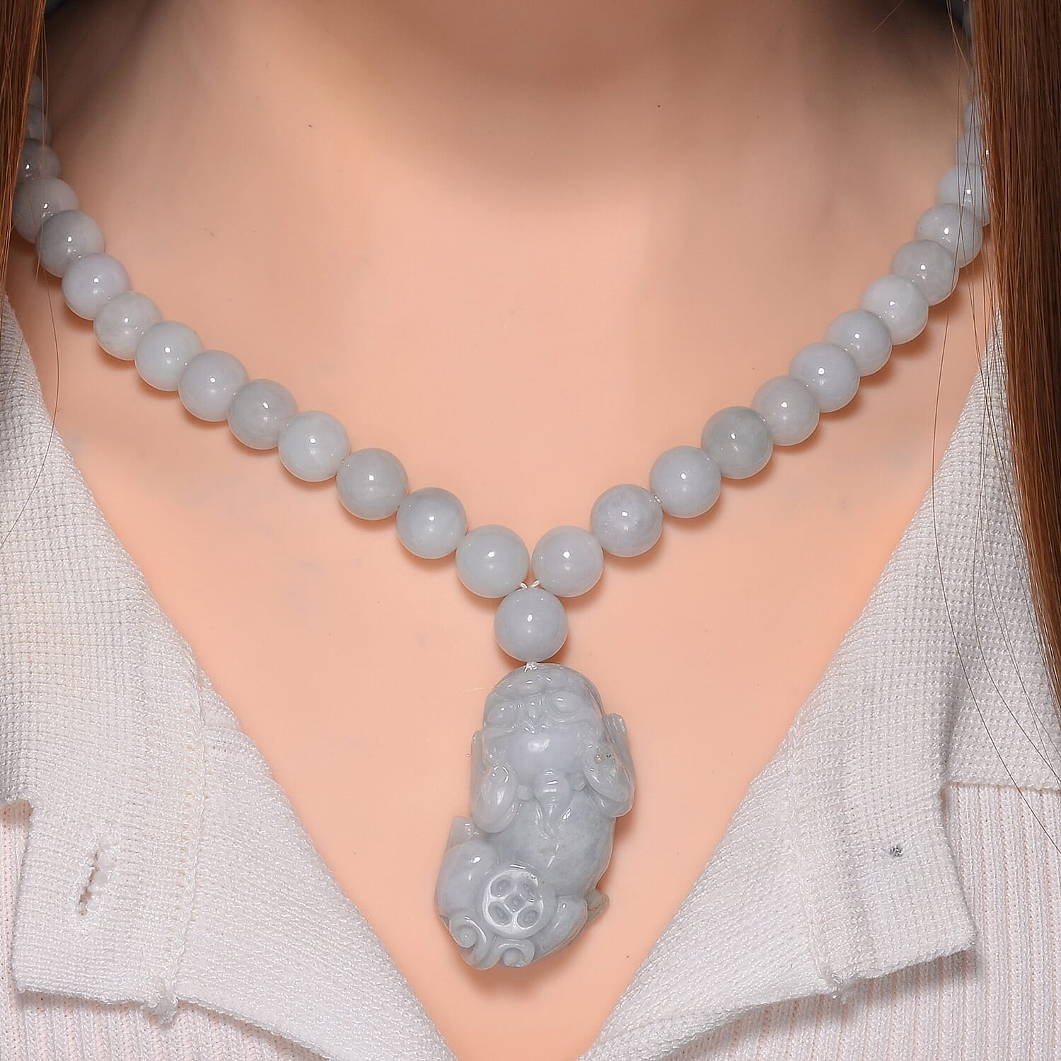 Biggest Jade Offer - Natural Type A  Jadeite Necklace With Pixiu Carving & Magnetic Clasp (Size  22) in Rhodium Overlay Sterling Silver 600.0 Ct.