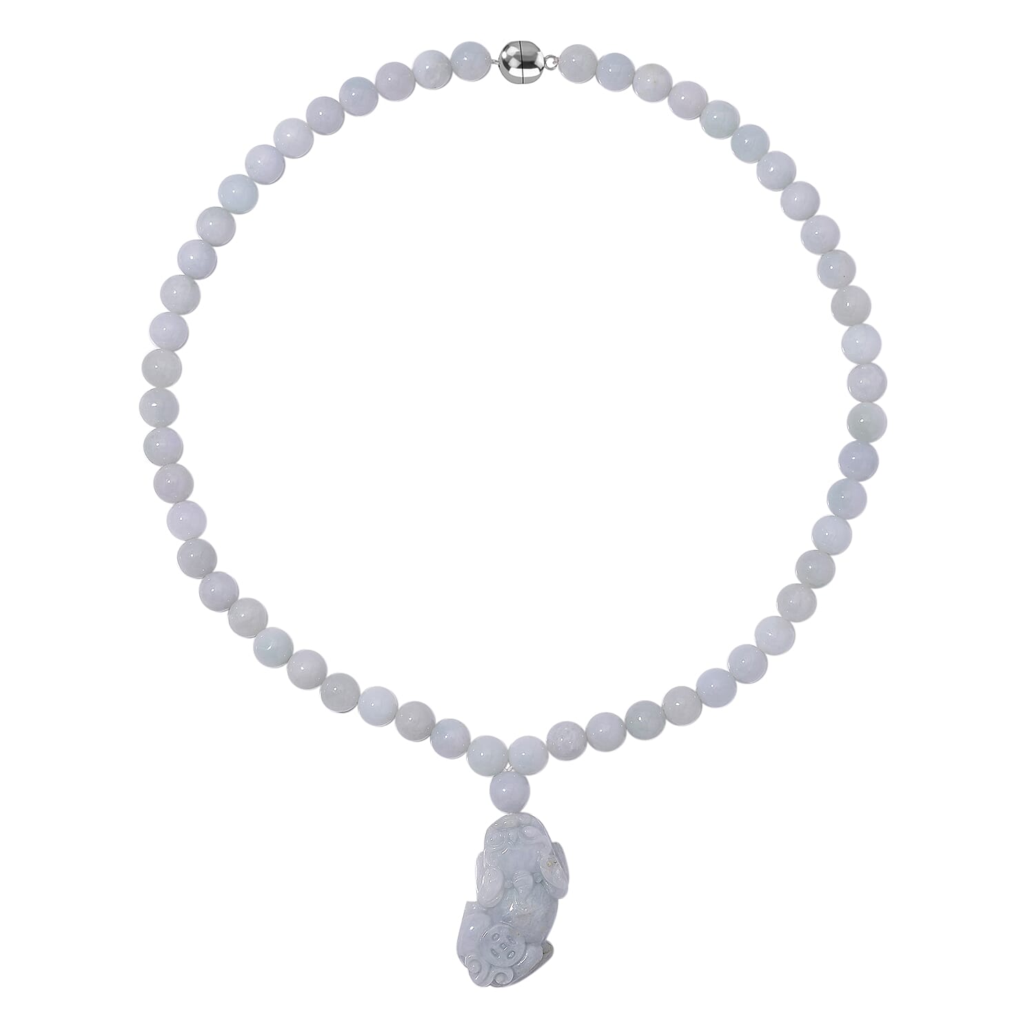 Biggest Jade Offer - Natural Type A  Jadeite Necklace With Pixiu Carving & Magnetic Clasp (Size  22) in Rhodium Overlay Sterling Silver 600.0 Ct.